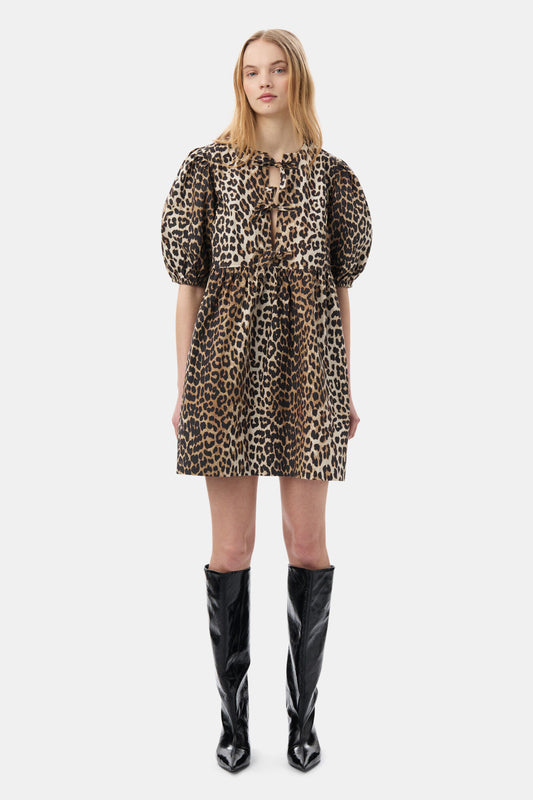 Leopard Printed Cotton Tie String Mini Dress