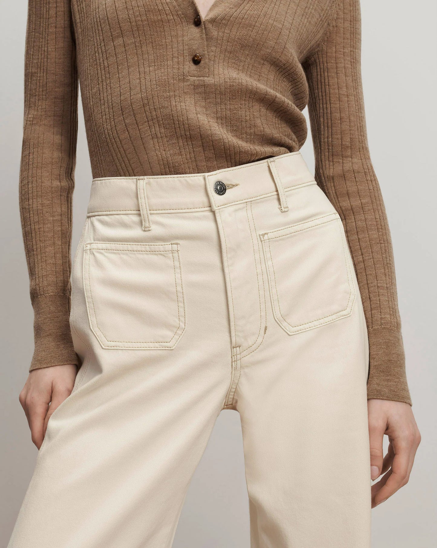 Kasey Patch-Pocket Wide-Leg Jean in Ecru