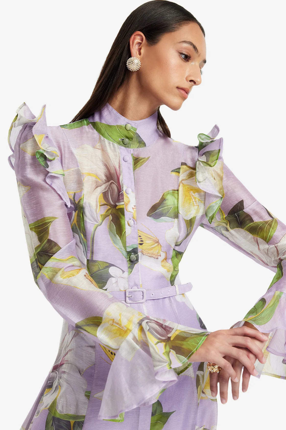 Katrina Butterfly Sleeve Midi Dress in Lily Blossom Print in Lilac