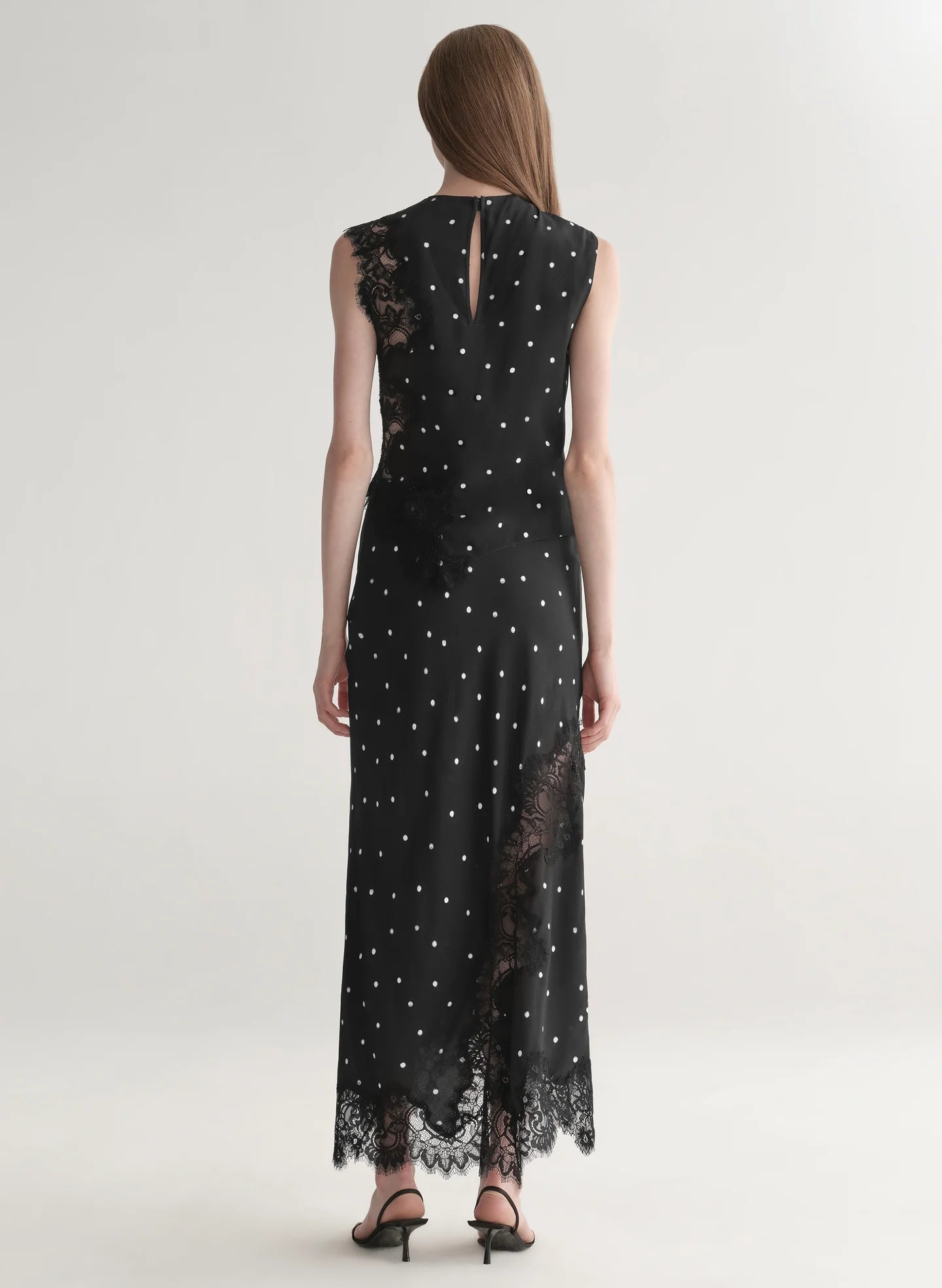 Olivia Polka Dot Crepe and Lace Midi Skirt in Black/Cream