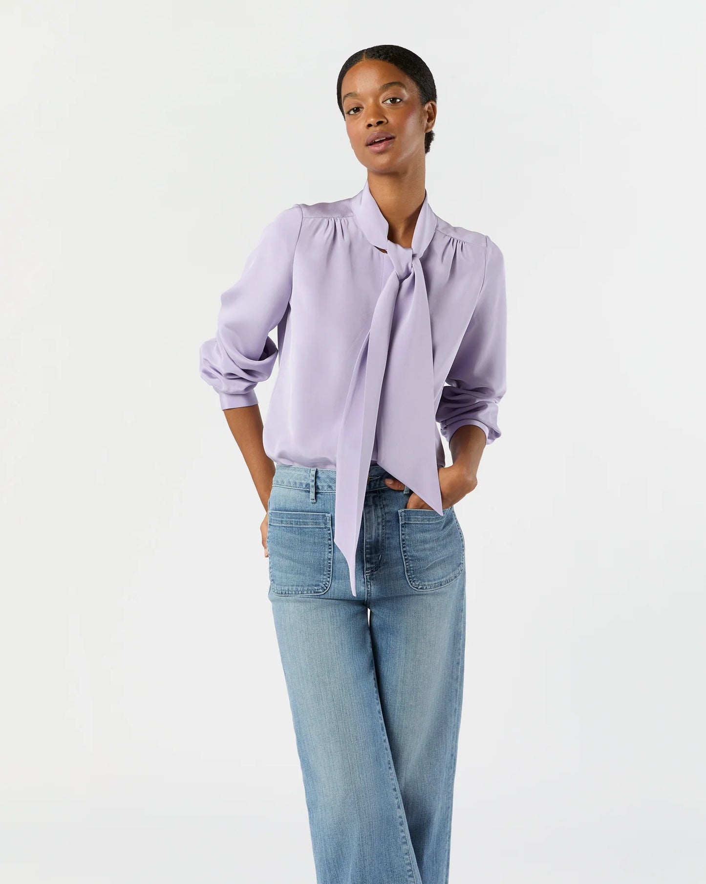 Tie-Neck Blouse in Lavender Silk Crepe de Chine