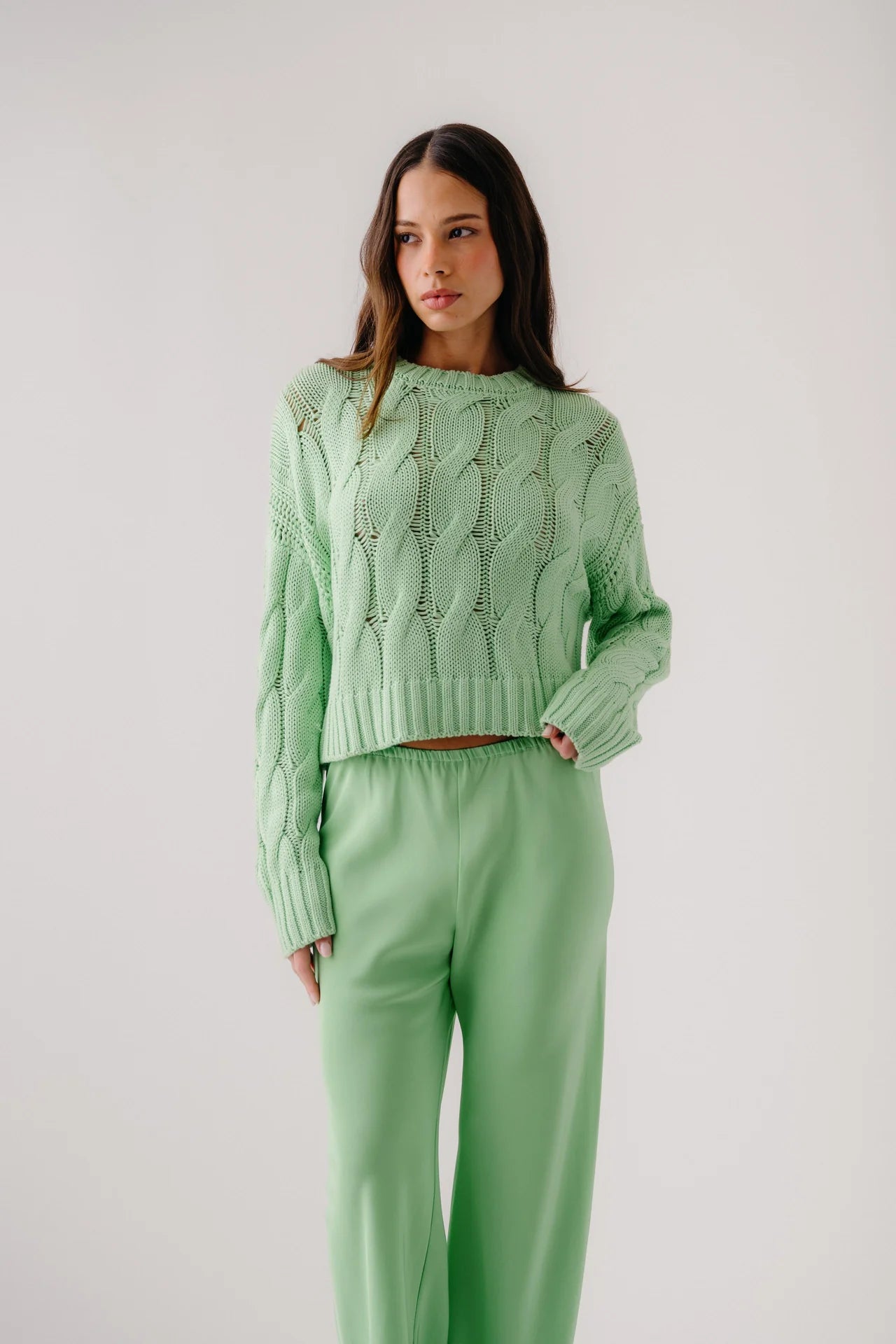 Tristan Crewneck Cable Pullover in Lime