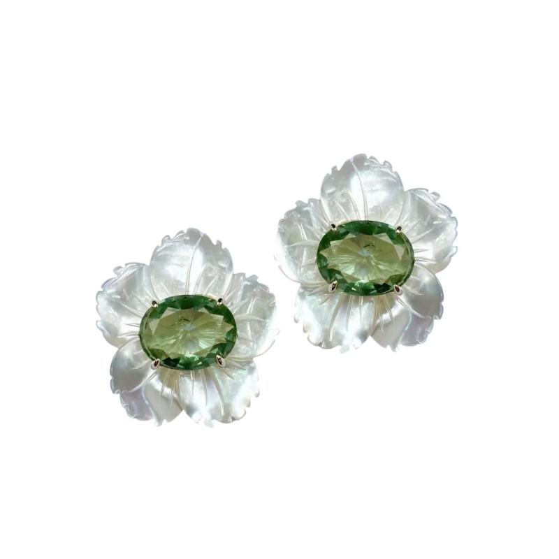 Mother of Pearl Flower and Sage Green Oval Embellished Stud Bunny and Babe