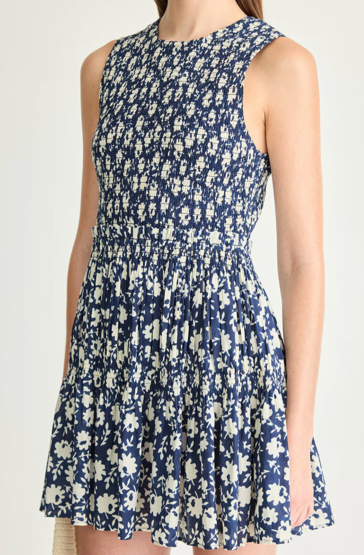 Lore Smocked Mini Dress in Navy Floral Stamp