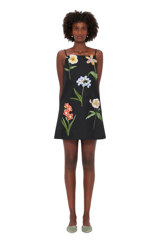 Leia Embroidered Mini Dress in Botanical Print in Ebony