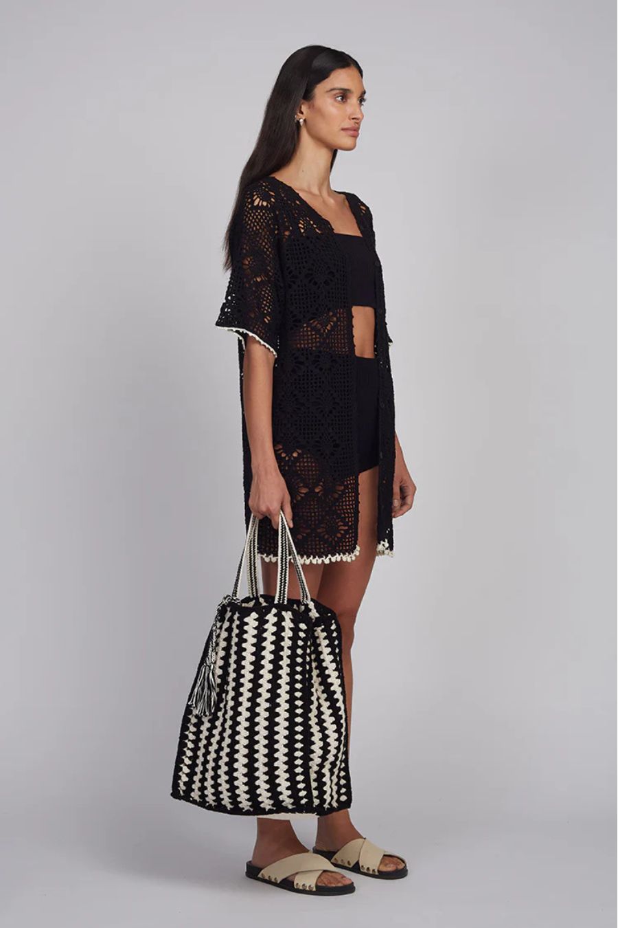 Vera Crochet Tote Bag in Ivory/Black Combo