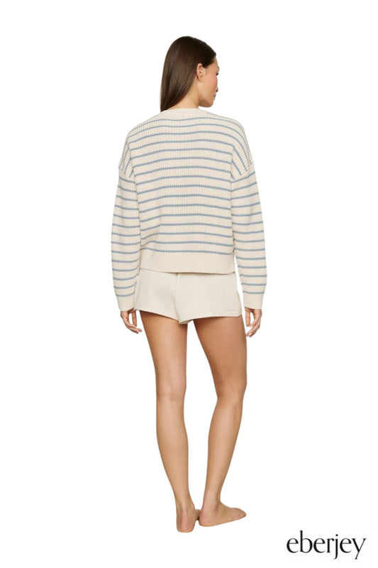 Coastal Cotton Crewneck Sweater in Stripe Almond/Faded Denim