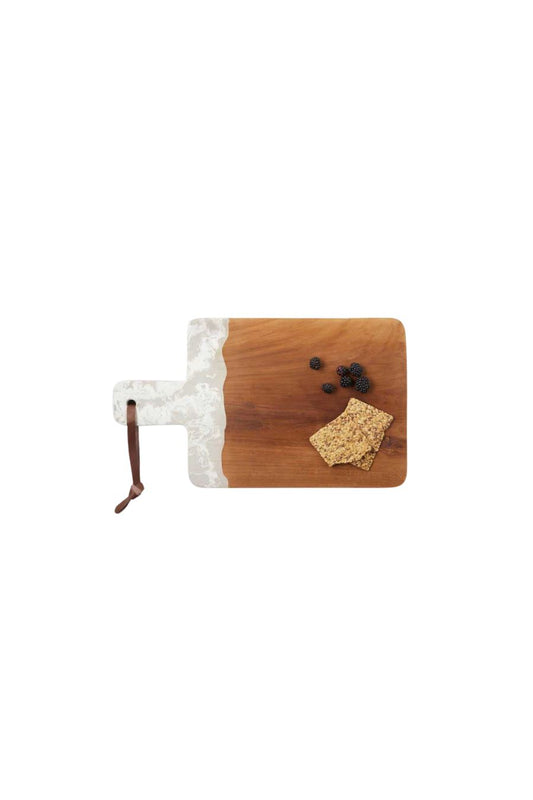 Austin Serving Board in White Swirled Resin/Natural Teak