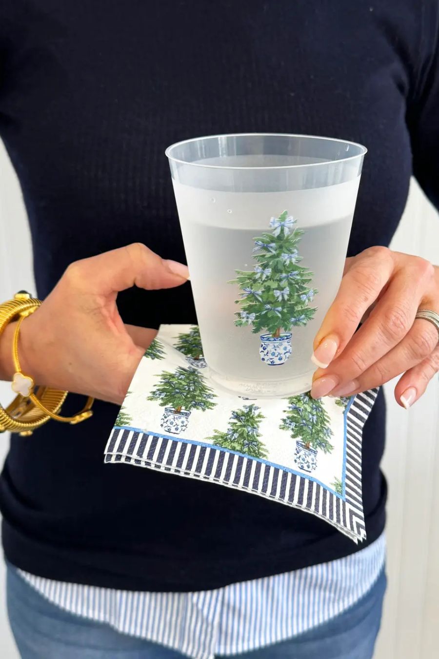 Paper Cocktail Napkins Blue Bows Christmas Trees