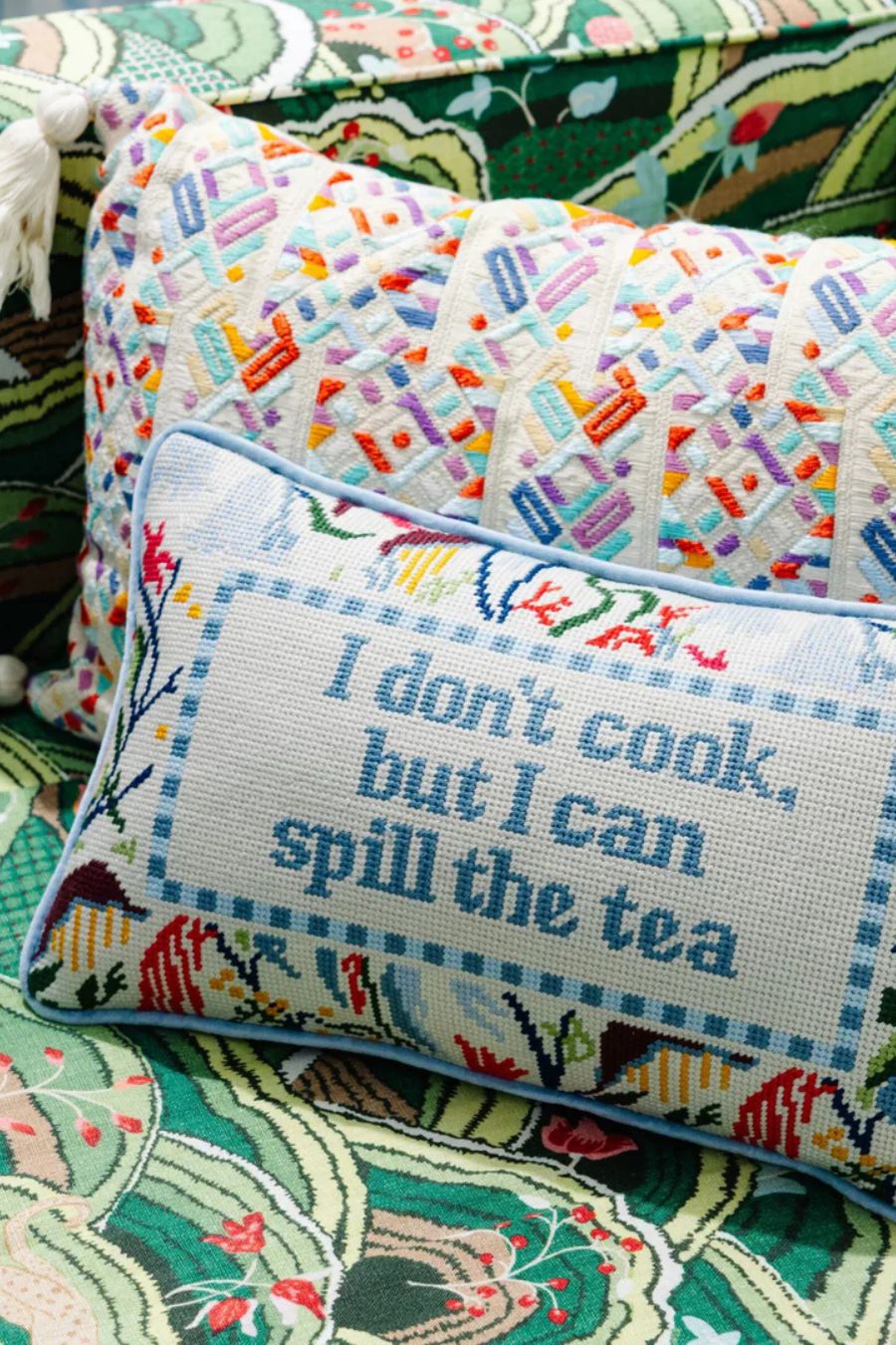 Spill The Tea Needlepoint Pillow