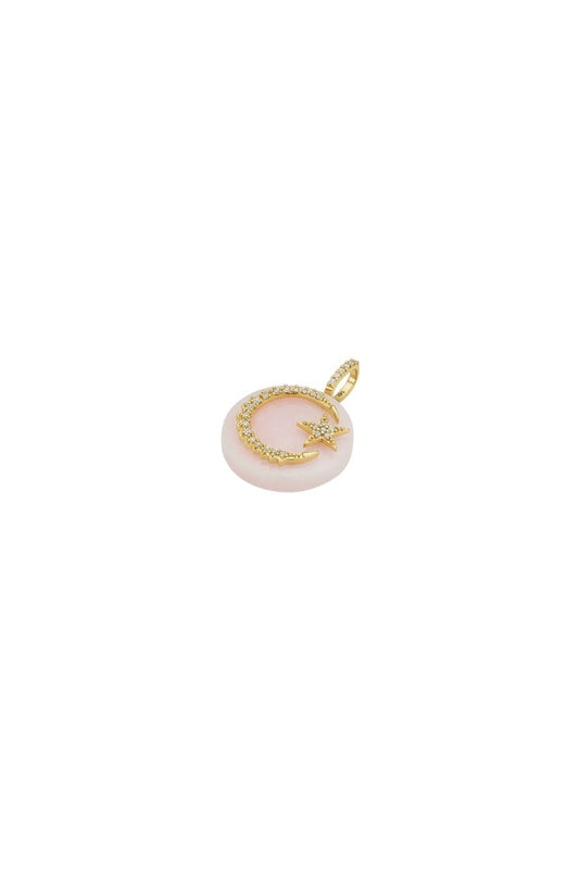 Round Moon & Star Pendant in Pink Opal