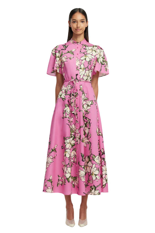 Bianca Short Sleeve Midi Dress in Pink Magenta Print