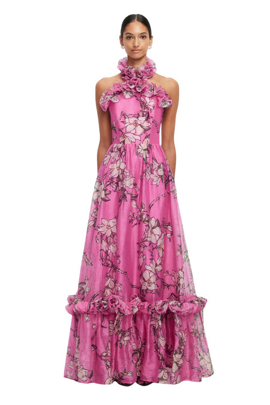 Isabelle Ruffled Halter Neck Maxi Dress in Pink Magnolia Print