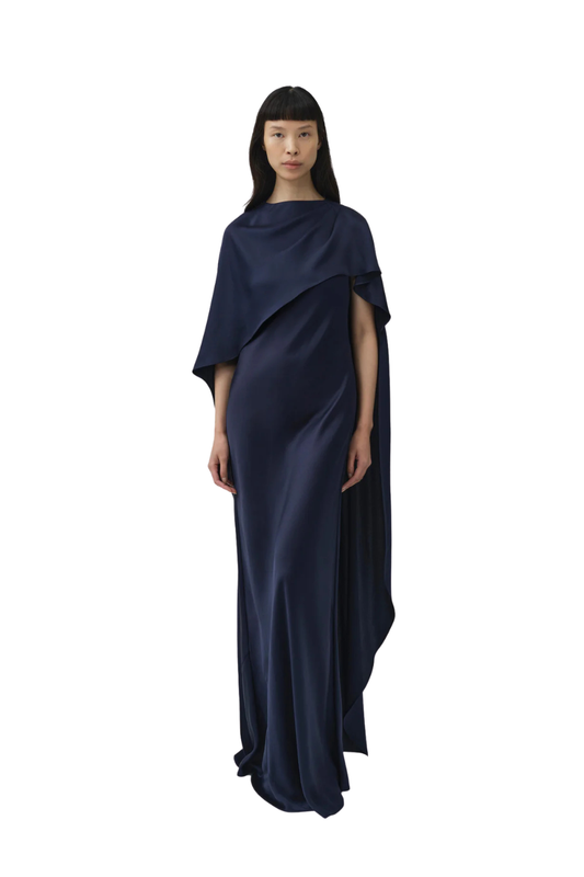 Izel Satin Cape Gown in Midnight