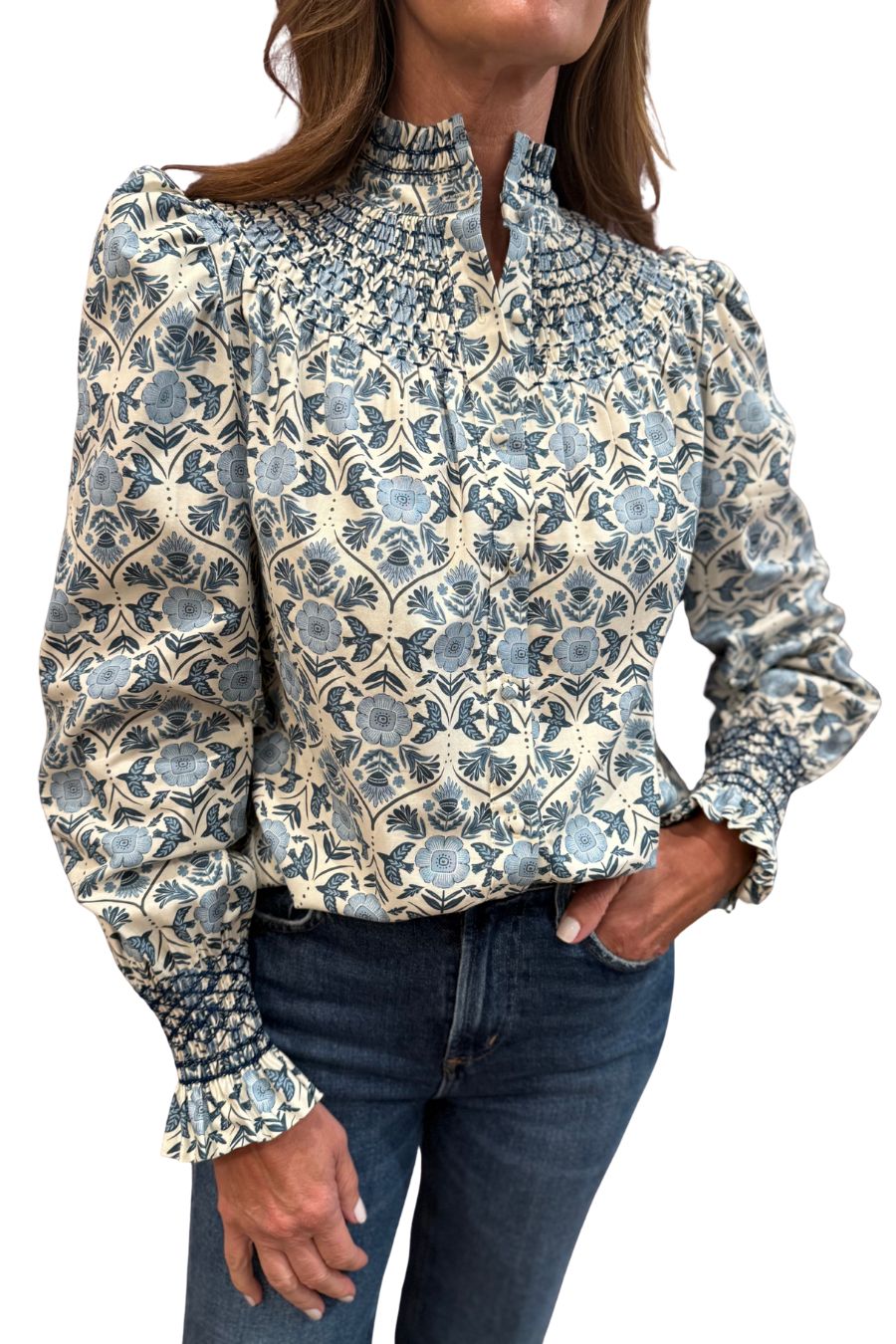 Amelia Long Sleeve Embroidered Blouse in Lake/Navy