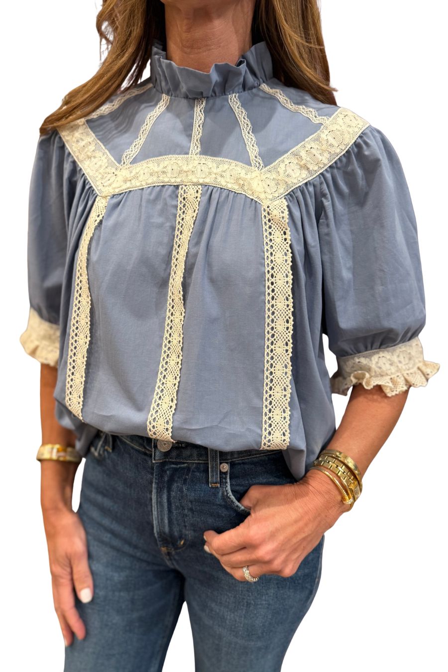 Cheryl Short Sleeve Blouse in Blue with Ivory Lace