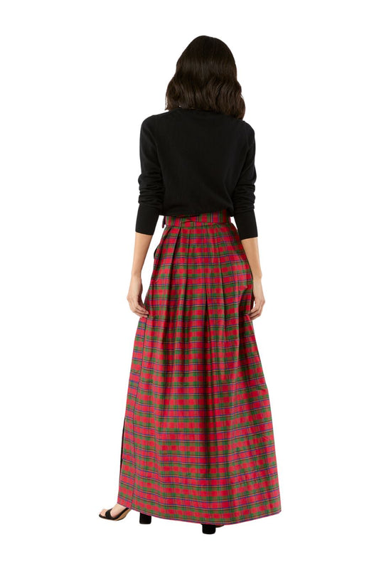 Pleated Wrap Skirt in Red Holiday Tartan Silk Shantung
