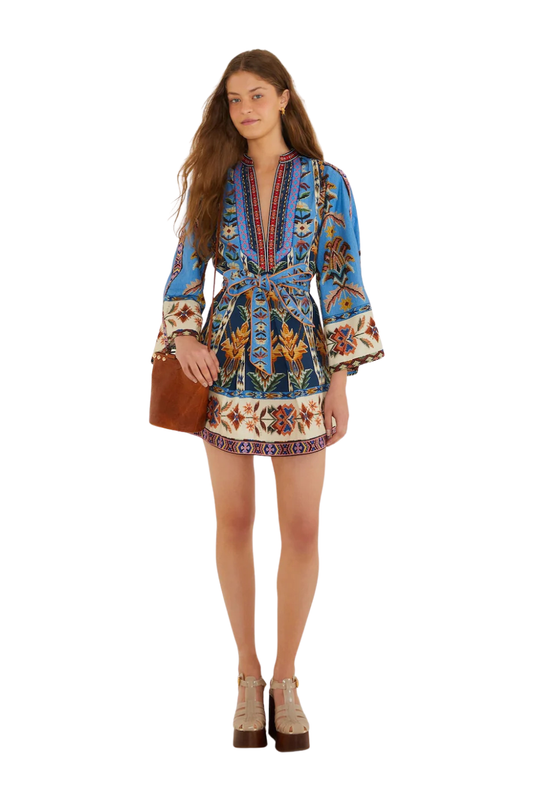 Embroidered Tapestry Mini Dress in Blue