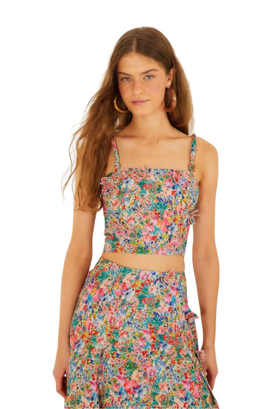 Peasant Floral Butterflies Top in Off-White