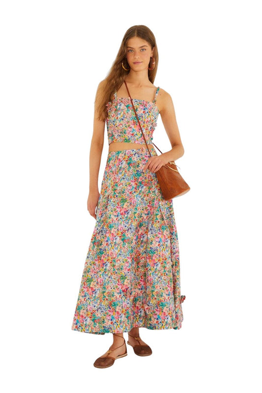 Peasant Floral Butterflies Maxi Skirt in Off-White
