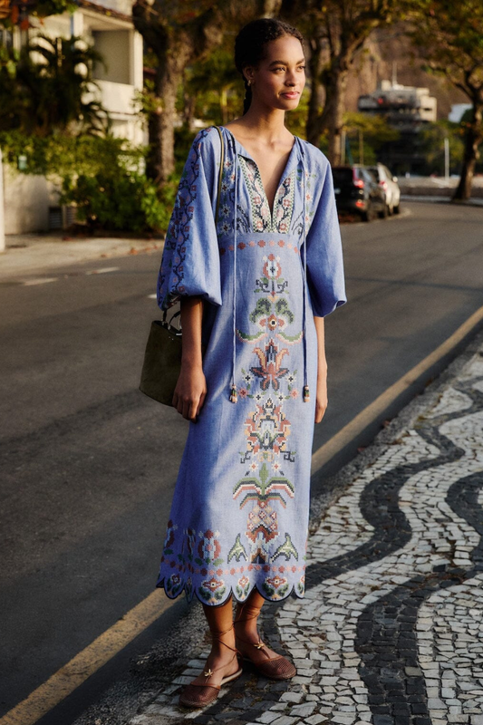 Garden Tapestry Embroidered Midi Dress in Blue