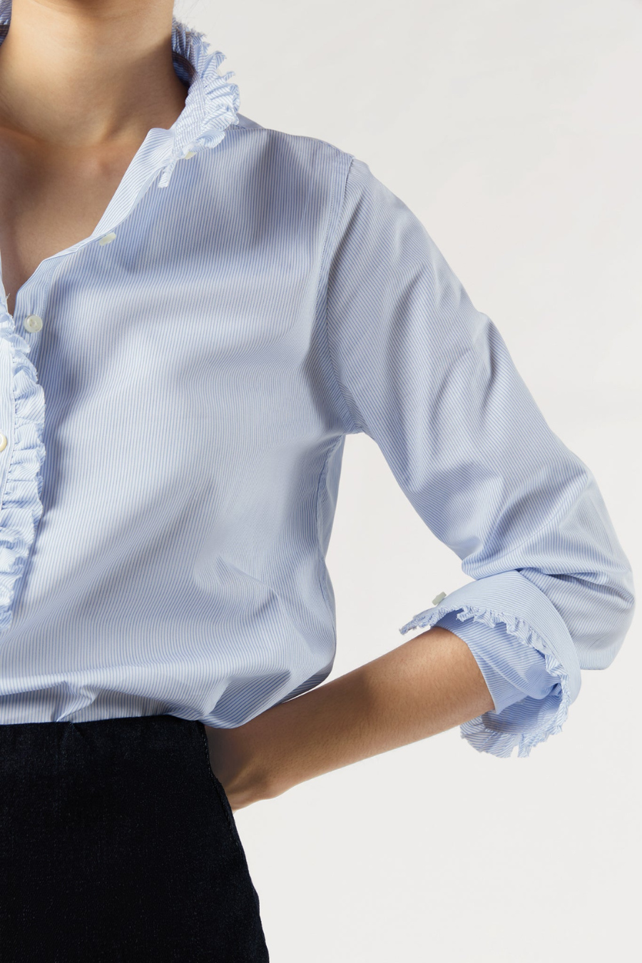Frill Shirt in Sky Pencil Stripe