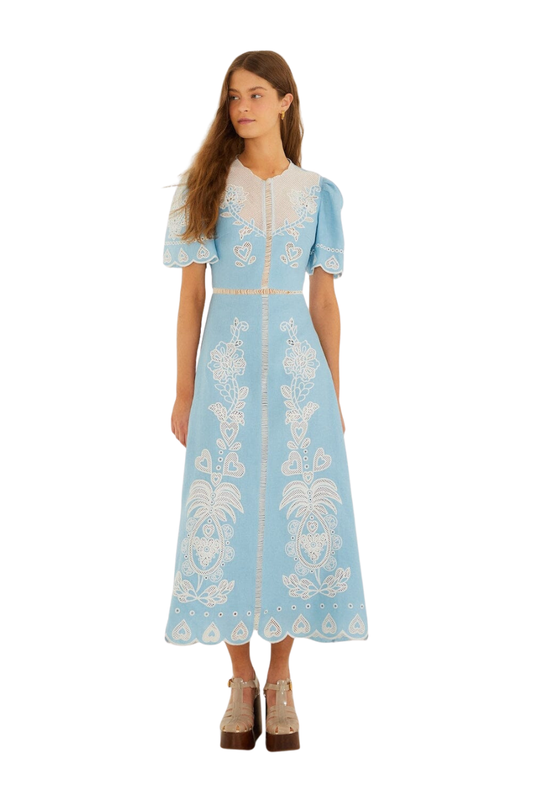 Embroidered Midi Dress in Light Blue