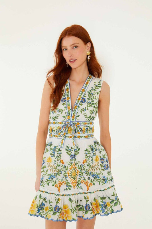 Emily Floral Tapestry Mini Dress in Off-White
