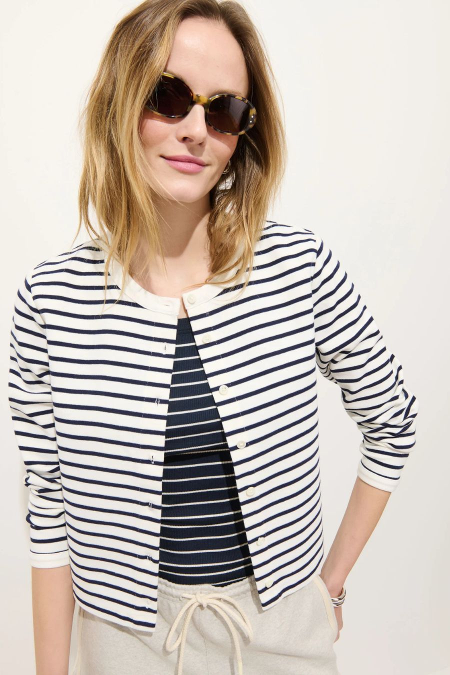 Coco Sport Cadigan in Ivory/Navy Stripe