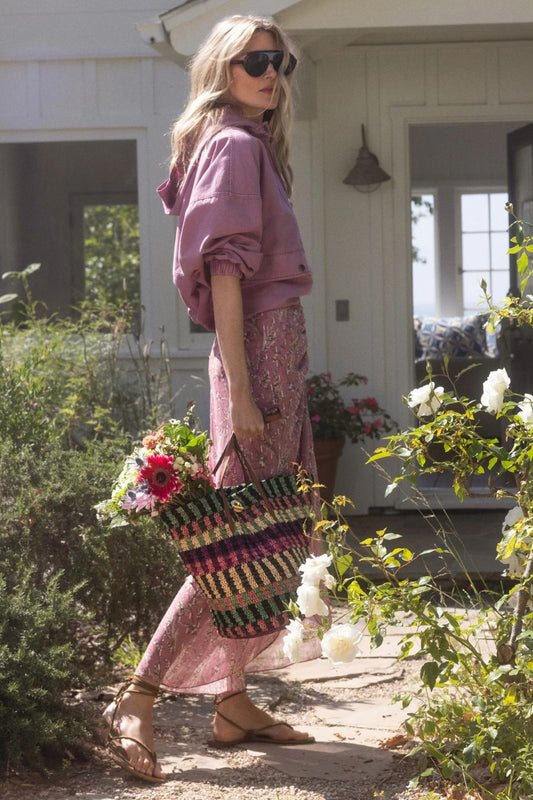Striped Raffia Tote Bag in Berry Multi
