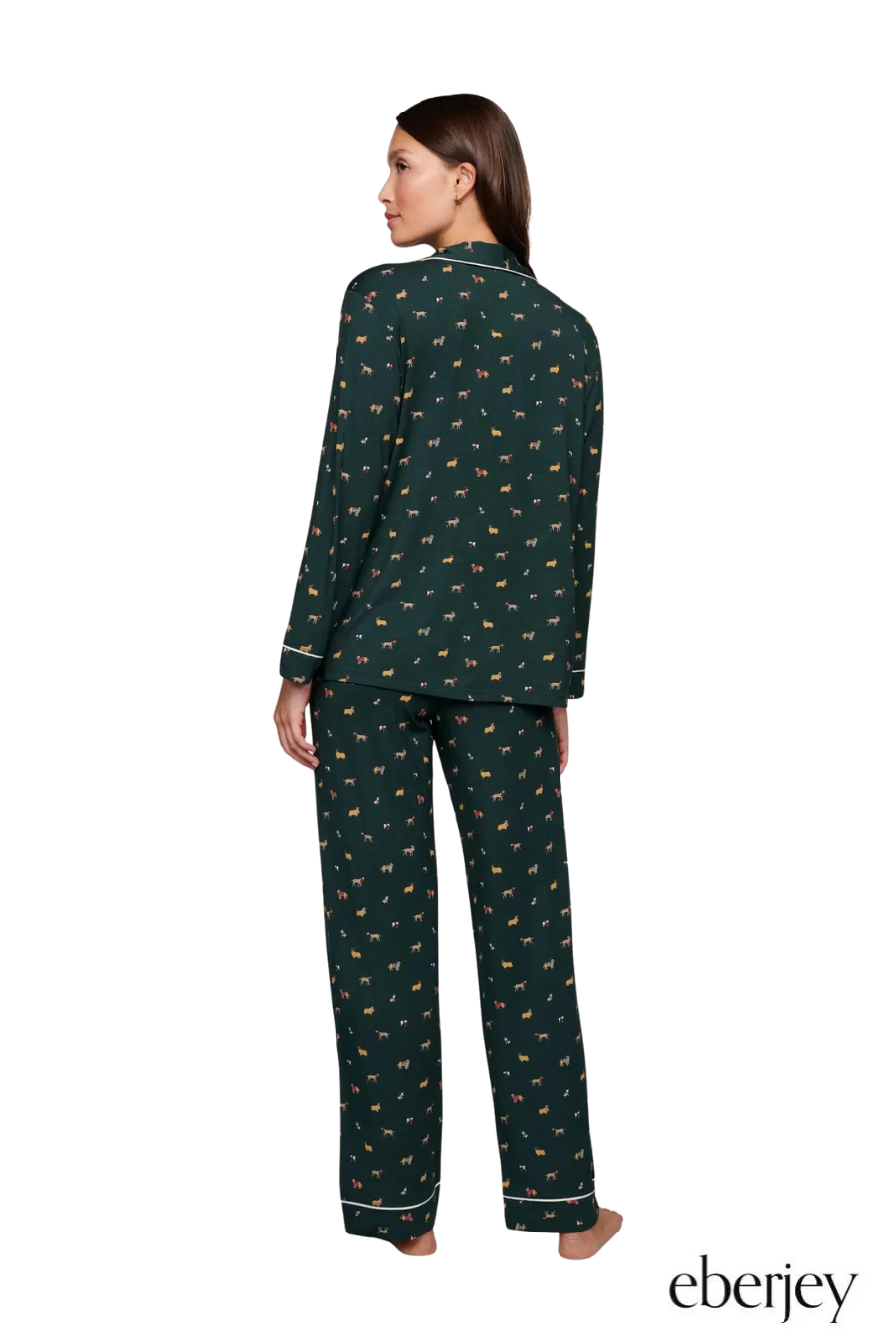 Gisele Printed Long PJ Set in Holiday Dogs Pine/Ivory