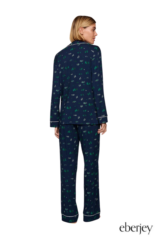 Gisele Printed Long PJ Set in Forest Pine Navy/Ivory