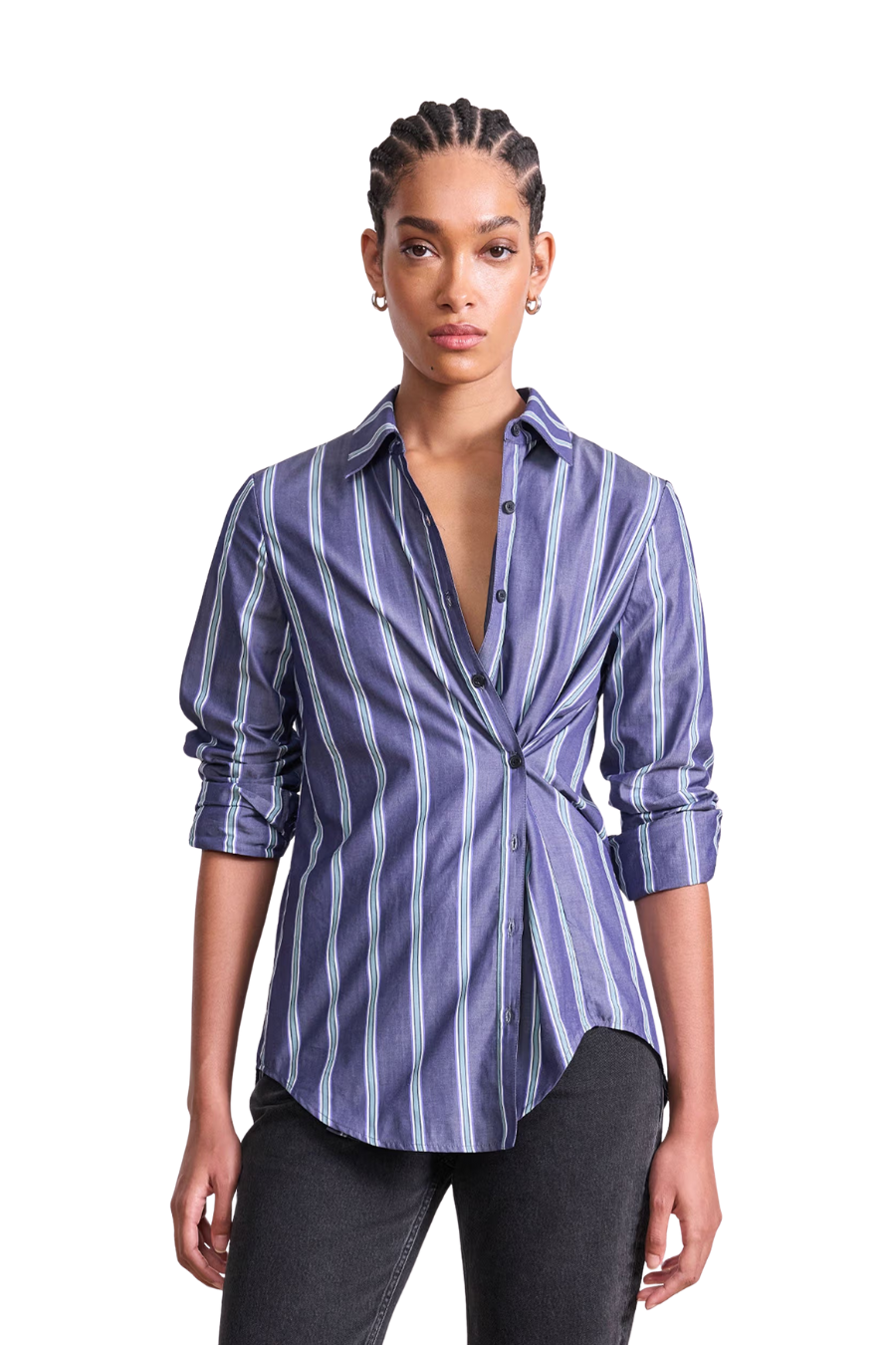 Sodi Wrap Button Up in Indigo Stripe
