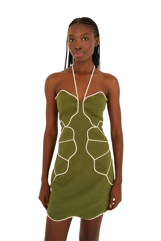 Green Wavy Trim Halter Neck Mini Dress