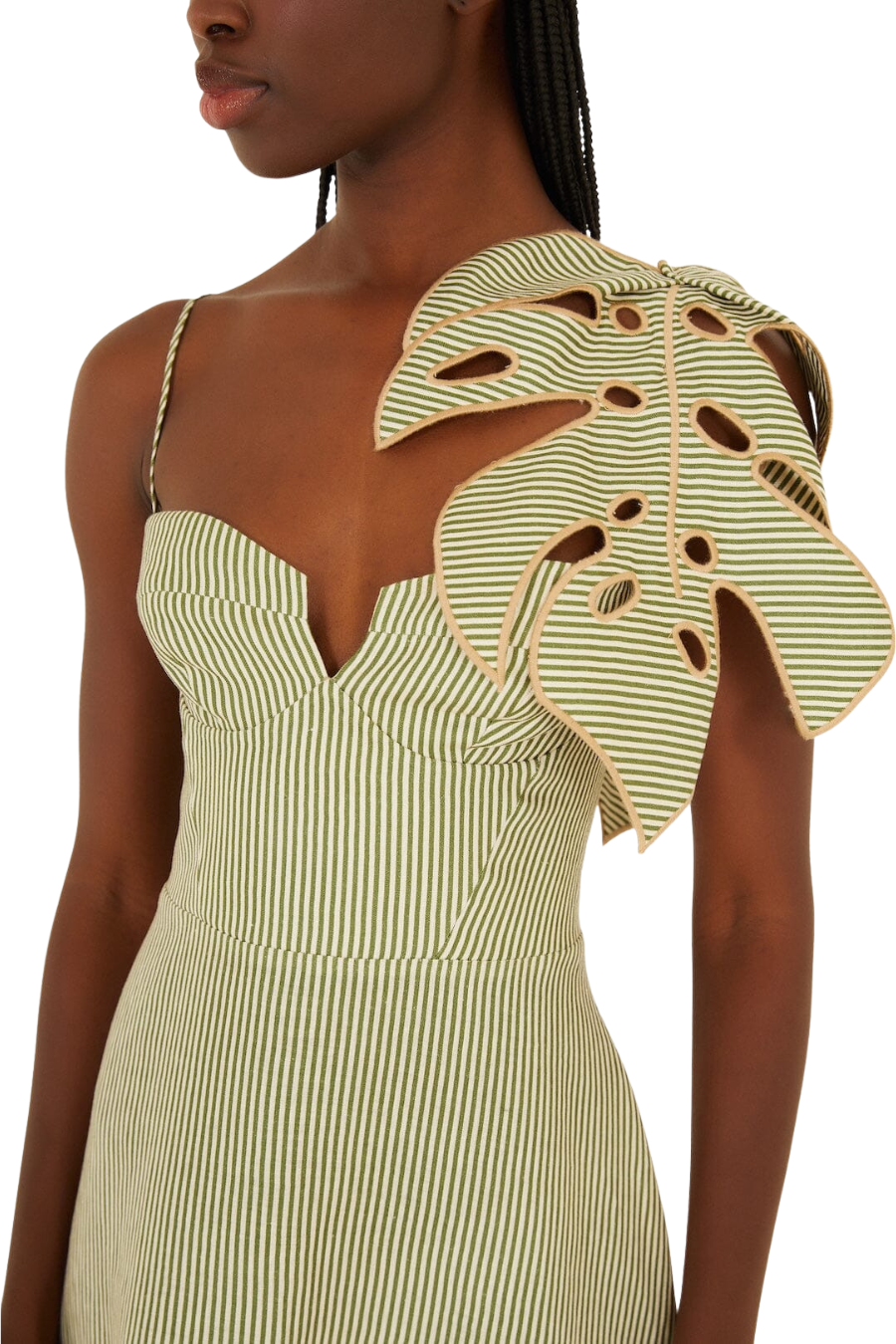 Green Striped 3D Monstera Leaf Linen Midi Dress