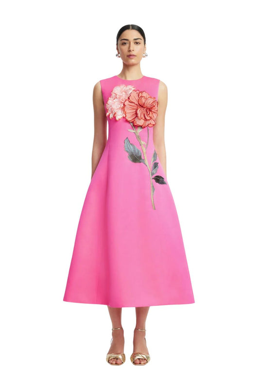 Cleo Appliqué Sleeveless Midi Dress in Peony Print in Fuchsia