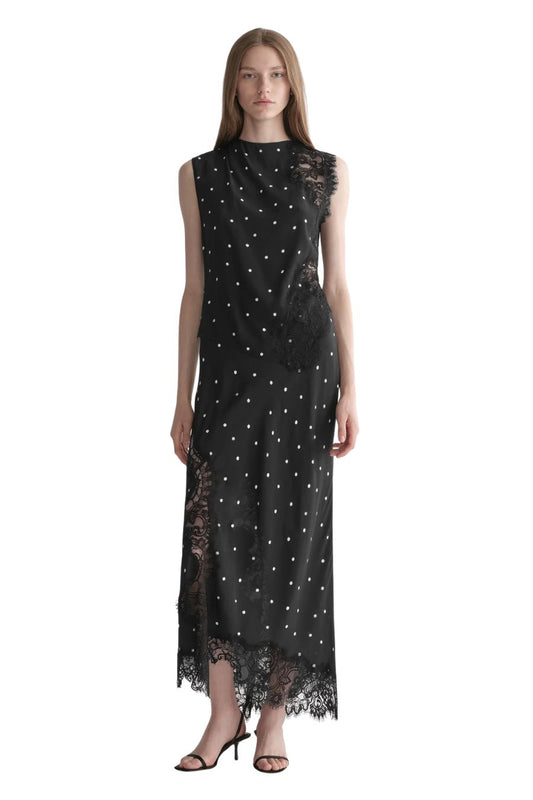 Olivia Polka Dot Crepe and Lace Midi Skirt in Black/Cream