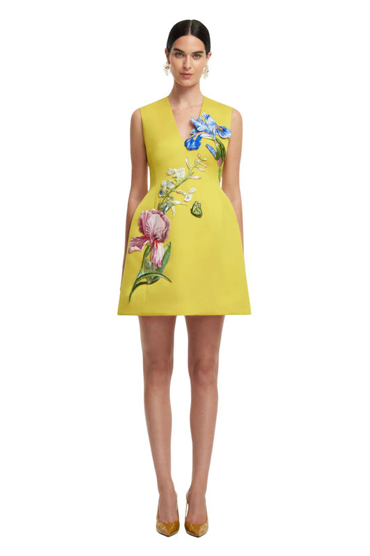 Bree V Neck Embroidery Mini Dress in Mustard