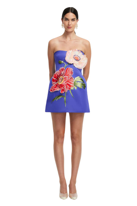 Rosario Appliqué Floral Bustier Mini Dress in Lapis