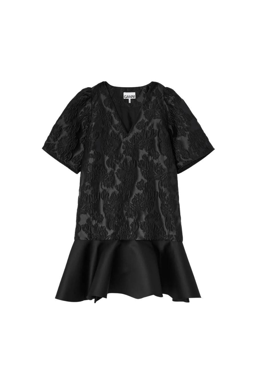 Satin Cloque Mini V-neck Dress in Black