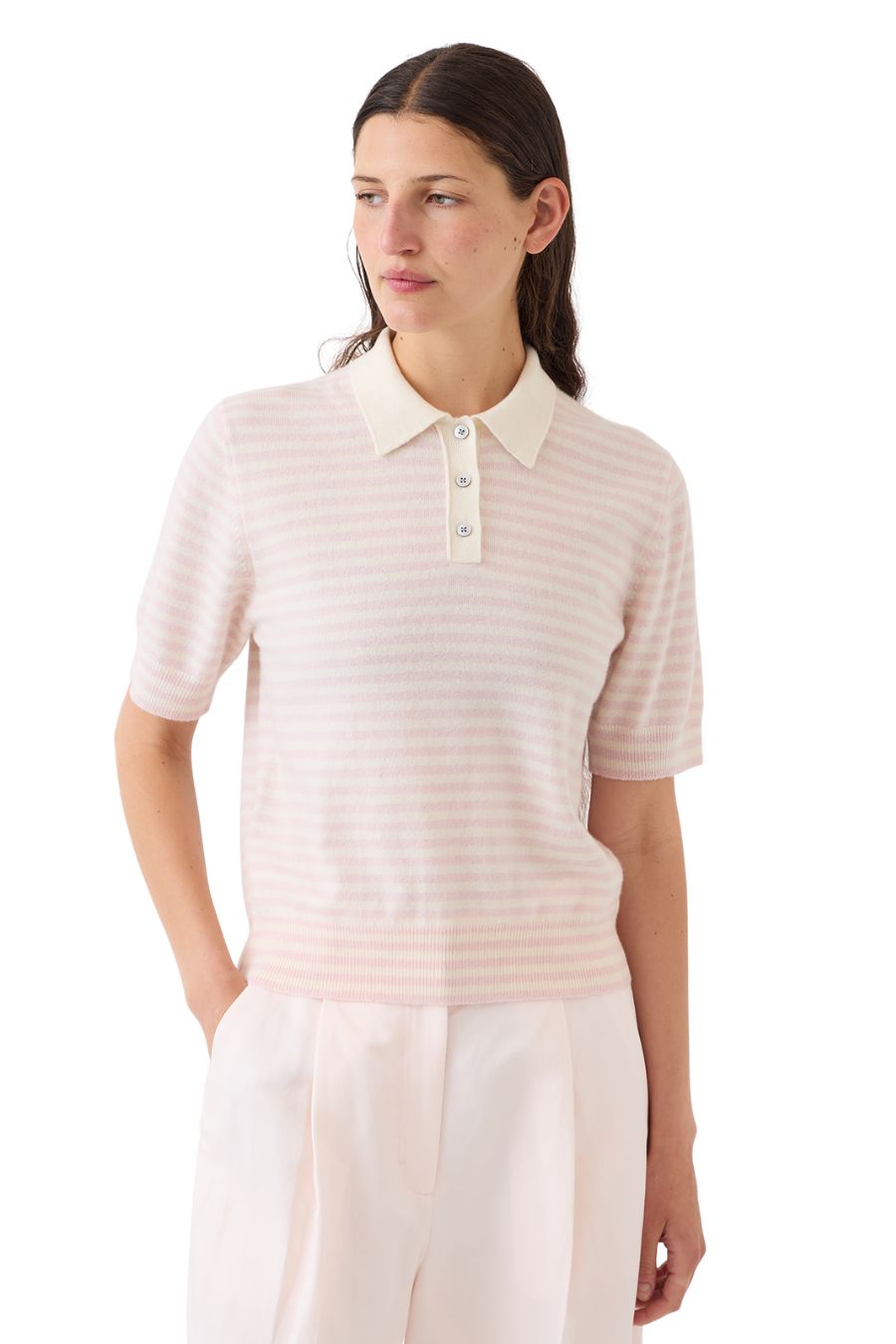 Amelia Stripe Cashmere Polo Top in Ivory/Petal