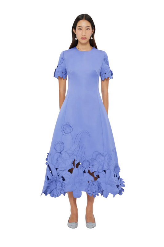 Caroline Appliqué Short Sleeve Midi Dress in Midnight