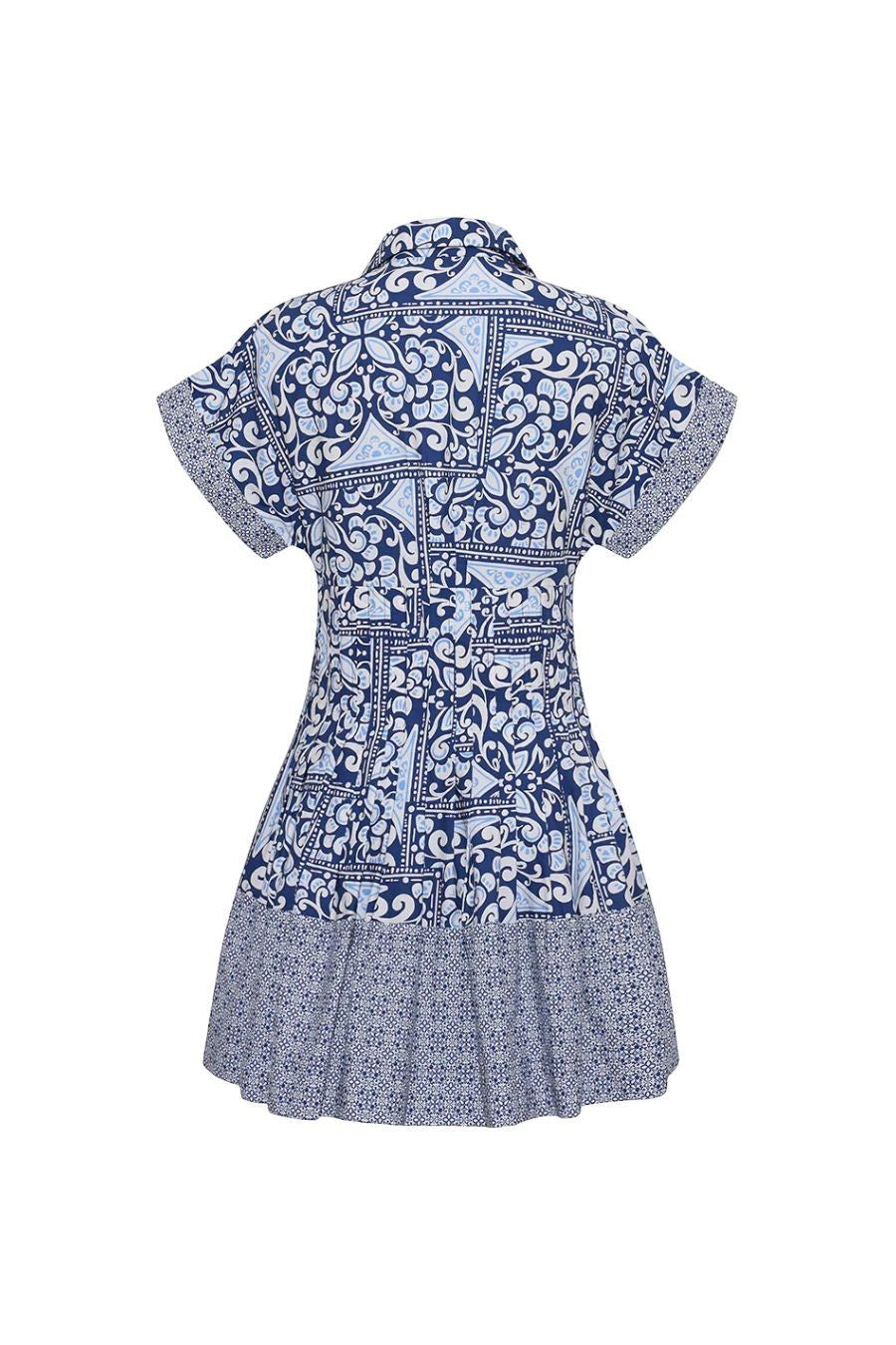Bunny and Babe Winnetka Nash Mini Dress in Hart Tile Navy. Short-sleeve shirtdress with a fit-and-flare silhouette, featuring a blue and white tile print.