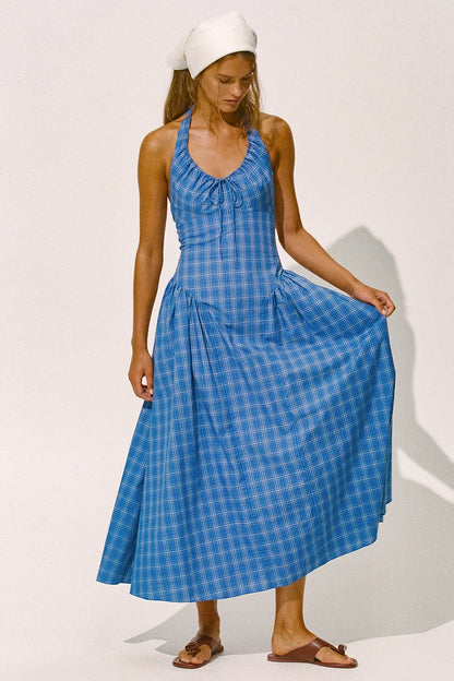 Del Ros Midi Dress Flor Check Cobalt