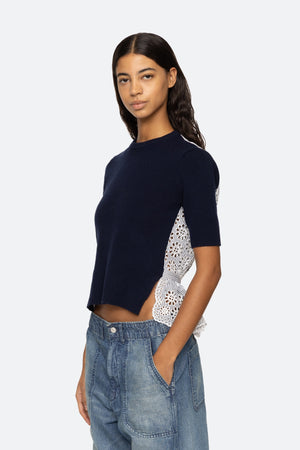 Lennon Embroidery Short Sleeve Top in Navy