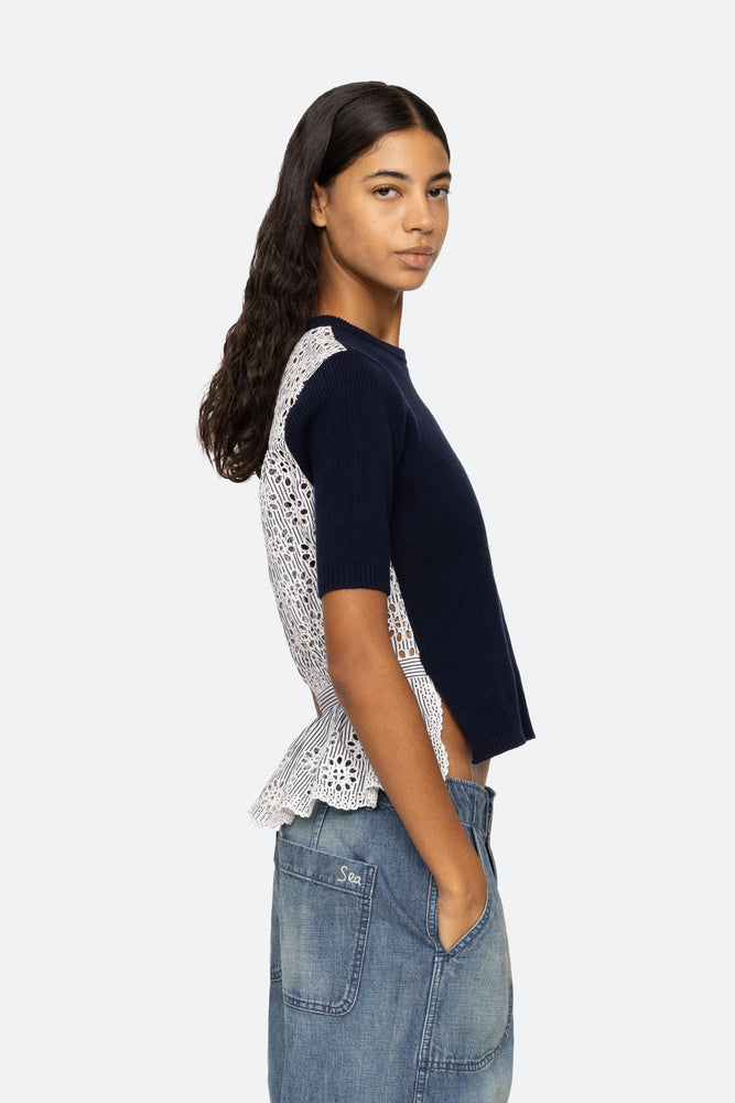 Lennon Embroidery Short Sleeve Top in Navy