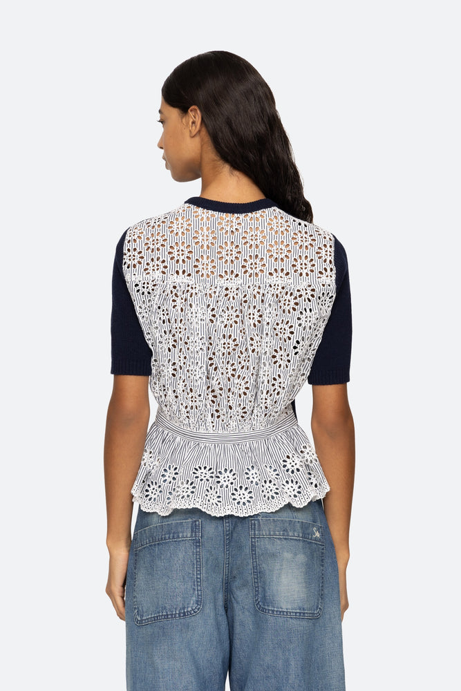 Lennon Embroidery Short Sleeve Top in Navy