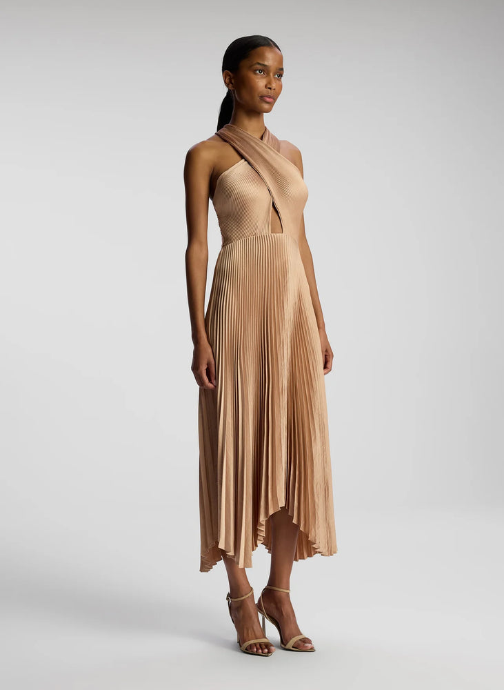 Athena II Satin Pleated Dress in Bella