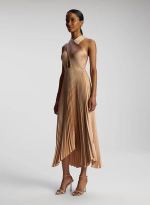 Athena II Satin Pleated Dress in Bella