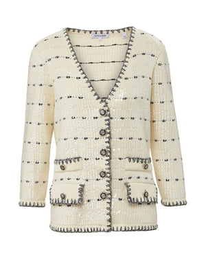 Ceriani Sequined Knit Jacket in Off White Navy